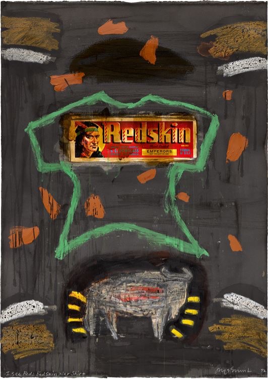 Jaune Quick-To-See Smith, I See Red: Redskin War Shirt, 1992, acrylic, oilstick, and paper collage on paper,<br />

